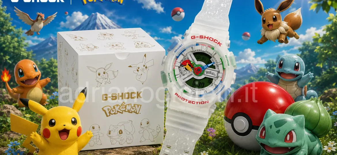 Orologio Casio G-Shock Pokémon GA-110PKM con lancette Pikachu e quadrante ispirato alla Poké Ball