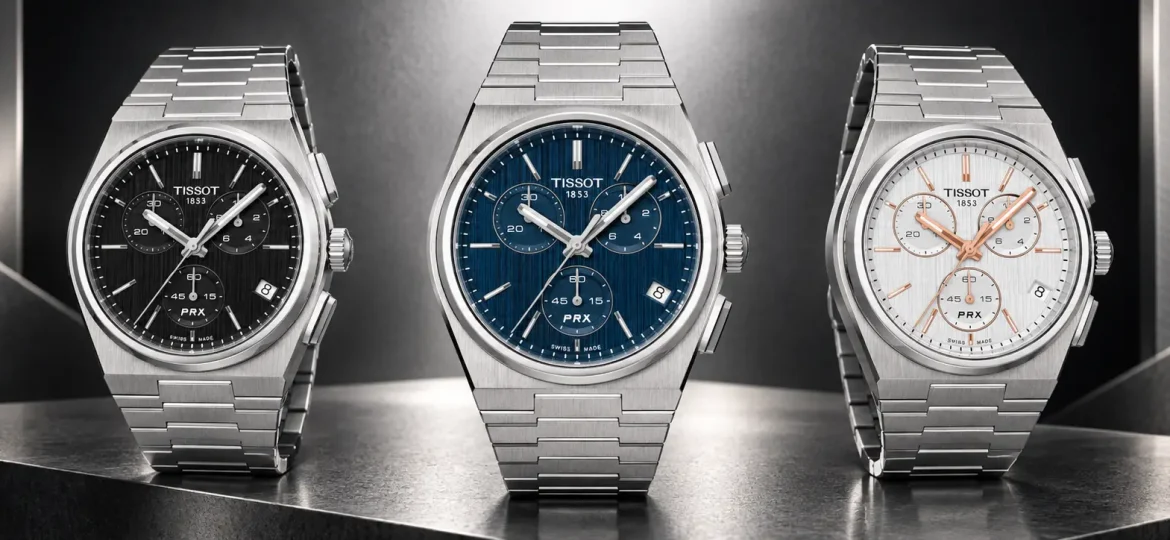Collezione Tissot PRX Quartz Chronograph con quadranti nero, blu e argento