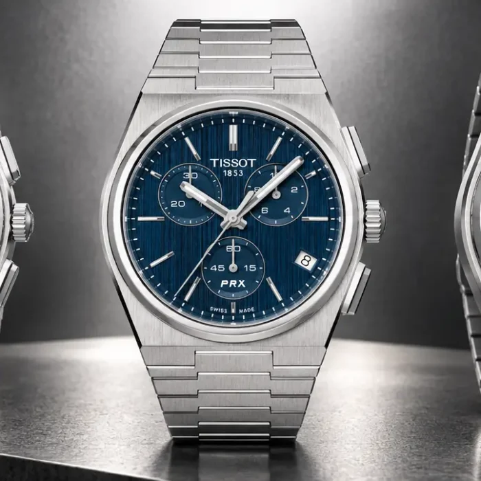 Collezione Tissot PRX Quartz Chronograph con quadranti nero, blu e argento